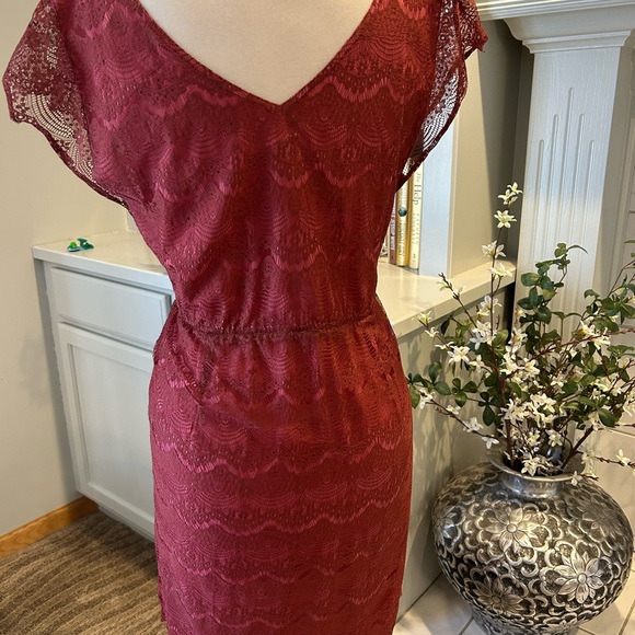 FOSSIL Woman's L Penny Lace Overlay Mini Dress Wine Red - Picture 6 of 9